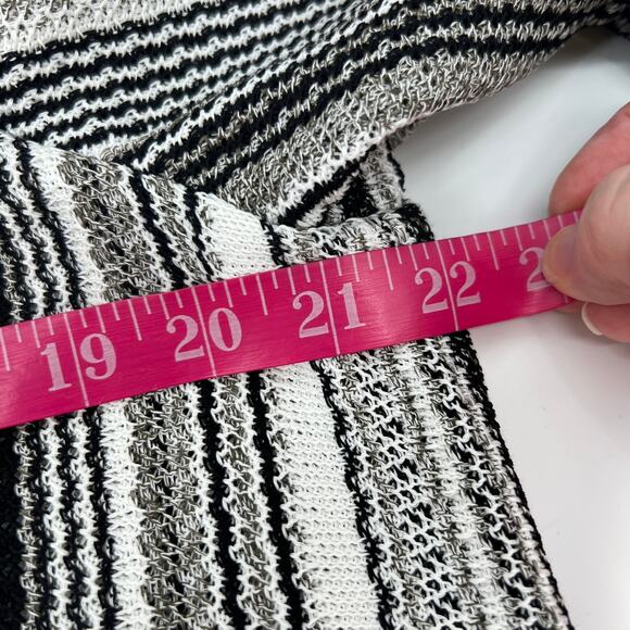 Misook Collection Cardigan Pom Pom Fringe Open Sweater Large Black White Striped - Picture 9 of 10